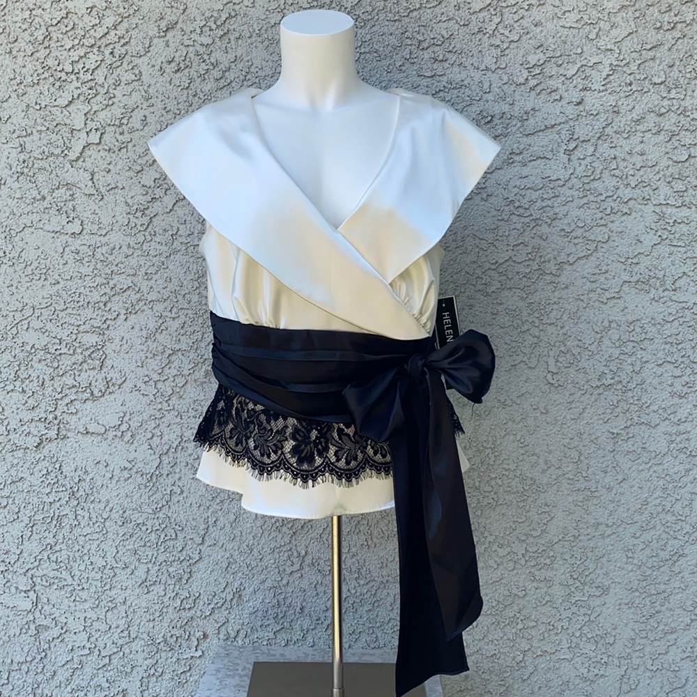 Elegant White and Black Wrap Blouse